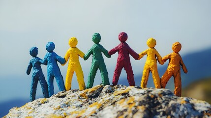 Colorful Figurines Holding Hands on a Rock