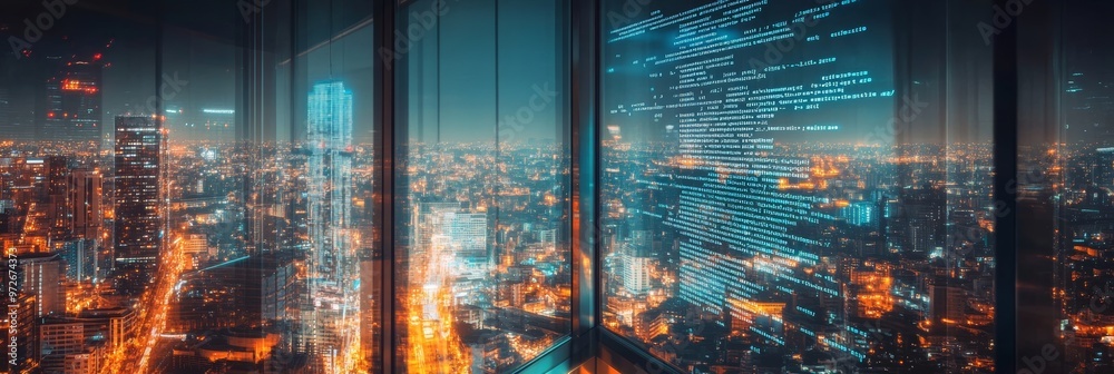 Aufkleber futuristic cityscape seen through floor-to-ceiling glass windows with code overlays. digital code pr