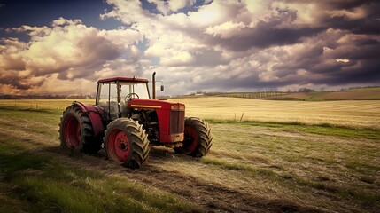 Obraz premium A red tractor sits in a field with a dramatic cloudy sky overhead.