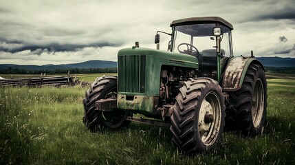 Fototapeta premium Green tractor in a field with storm clouds.