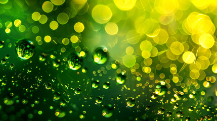 Fototapeta premium Vibrant green and yellow abstract background with water droplets and bokeh effect