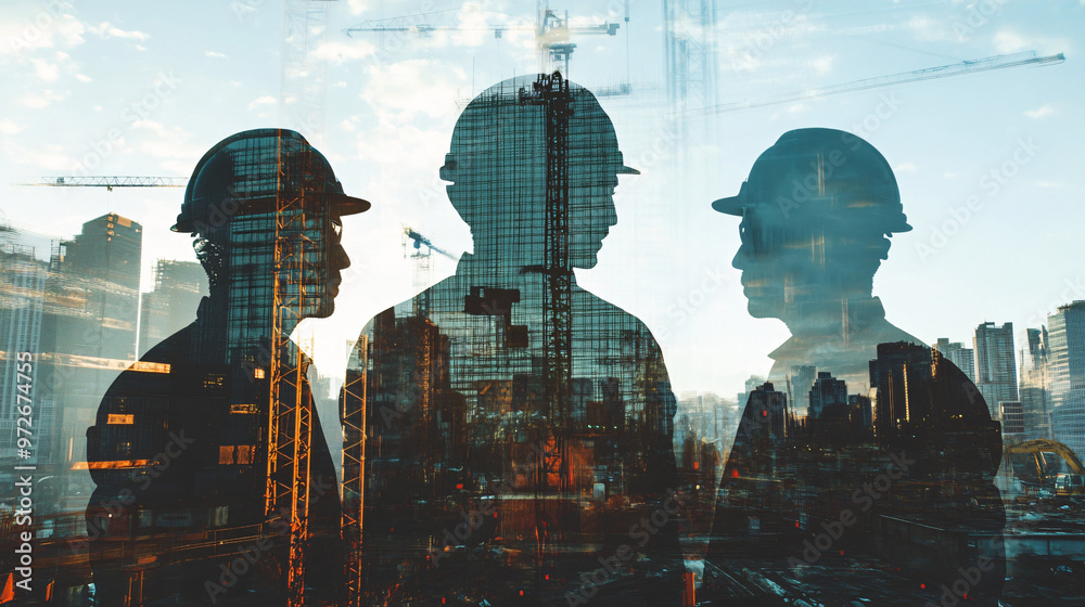 Poster silhouette of architects discussing a new project with a city skyline double exposure effect