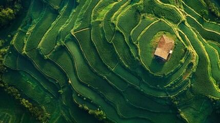Obraz premium Aerial View of a Vast Green Field with a Small Cottage in the Distance