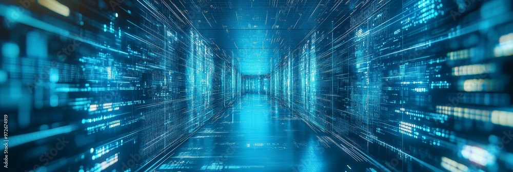 Poster Futuristic corridor filled with data streams and code. Concept of digital networks and coding.