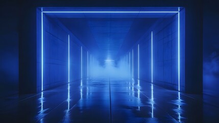 futuristic concrete hallway with blue neon lights, misty atmosphere, reflections on floor	