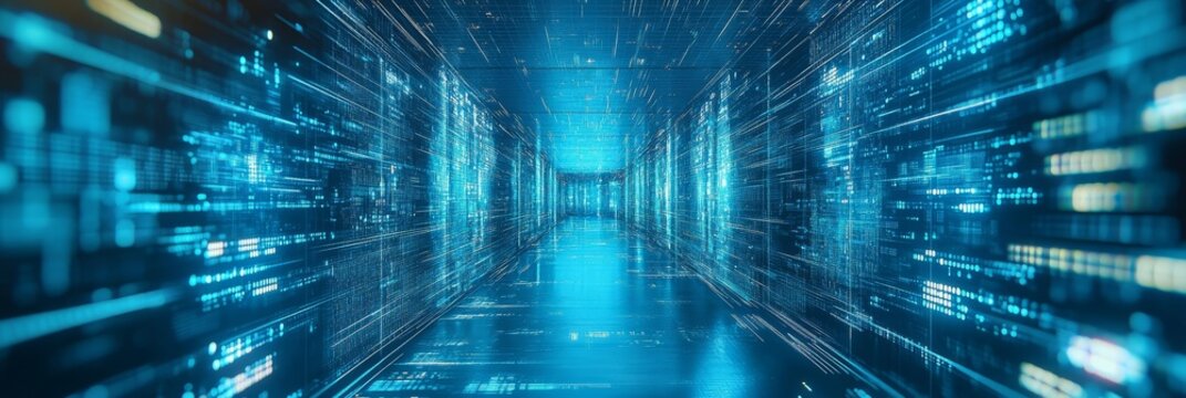 Futuristic corridor filled with data streams and code. Concept of digital networks and coding.