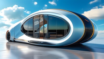 Futuristic mobile structure against a vibrant sky showcasing innovation and adaptability in modern design