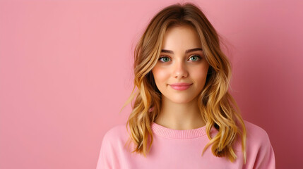 Fototapeta premium Young Woman With Tasty Pasta Pink Background
