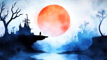 Fototapeta premium Haunting Floating Castle on a Misty Lake Under a Crimson Moon