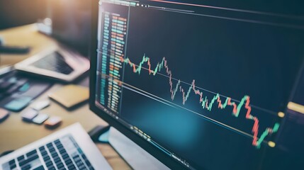 A close-up view of a computer screen showing a stock market graph.