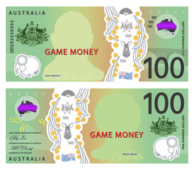 Vector play money. Obverse and reverse of 100 Australian dollar banknote. Business flyers. Certificate denomination of one hundred dollars. Finance and economics.