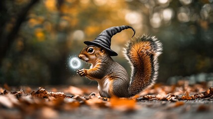 Fototapeta premium A whimsical squirrel wearing a wizard hat, creating magic in an autumn forest filled with colorful leaves.