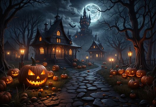 Halloween background with pumpkins and haunted house with Evil Pumpkin. Spooky scary dark Night forrest. Holiday event halloween banner background concept