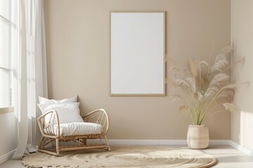 A cozy corner of a modern living space features soft beige walls, a minimalist rattan armchair with white cushions, and natural light from a large window, enhancing a tranquil atmosphere.