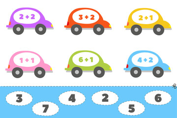 Math game for children. Cut and glue. Count the number of cars. Educational cards for children. Preschool activity pages worksheet with cut out insert.