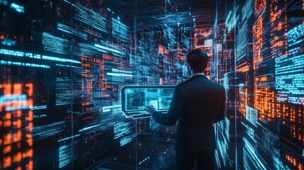 Businessman in front of a digital interface surrounded by code. Concept of coding and data analytics.