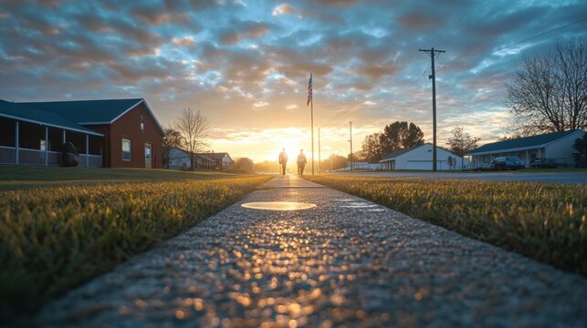 Quiet solemn moment in a rural American town as the sun sets over a local polling station