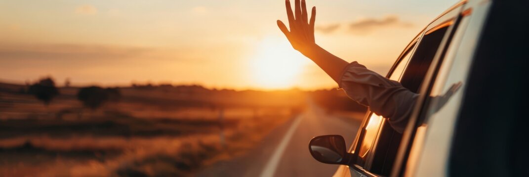Silhouette of a person waving from a car window at sunset.