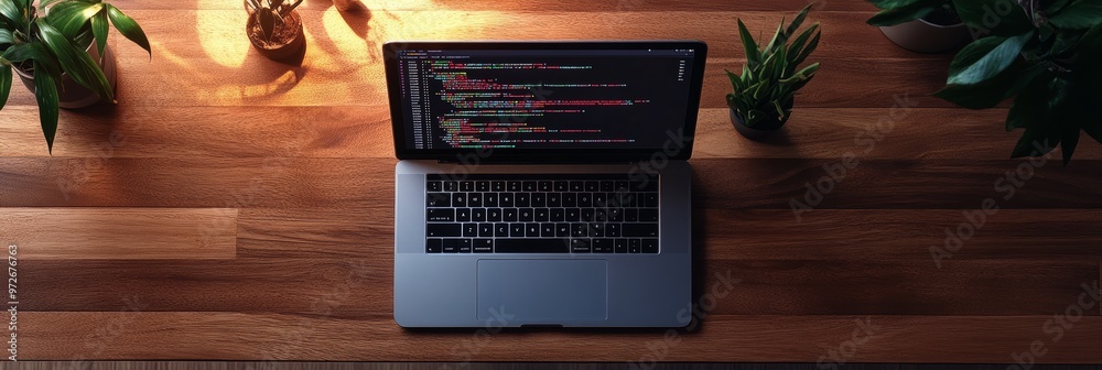 Aufkleber Top view of a laptop with programming code on screen in a neatly organized workspace with plants around. Great for illustrating productivity and software development.