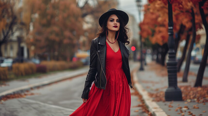 Fototapeta premium Woman in a red dress, black leather jacket, and hat in an autumn park