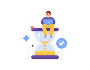 time management and deadline concept. managing and organizing time for work. time efficiency. illustration of worker or employee sitting working using laptop on top of an hourglass. flat style design