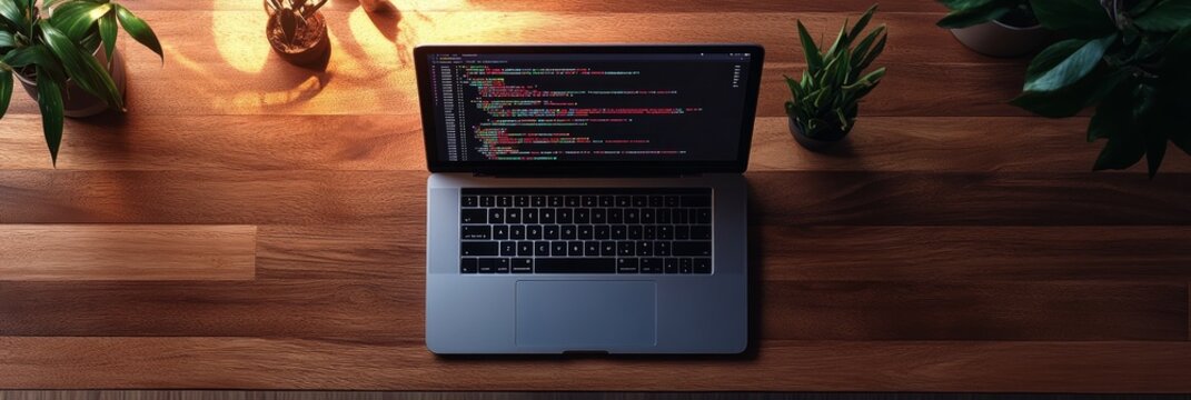 Top view of a laptop with programming code on screen in a neatly organized workspace with plants around. Great for illustrating productivity and software development.