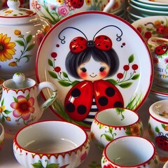 get&ouml;pfertes Kindergeschirr mit einem Marienk&auml;ufer Motiv