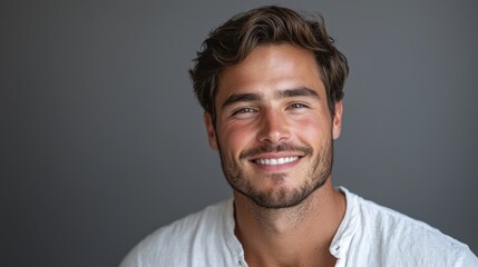 Obraz premium Confident Young European Professional Man with Happy Smile in Close-Up Headshot on Gray Background