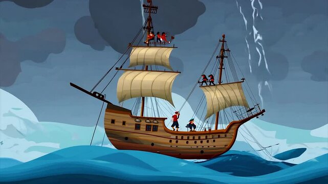 Cartoon old ship with sails, sailing during a thunderstorm with rain at sea.