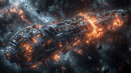Battle-Damaged Starship Drifting in Deep Space