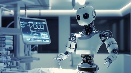 A robotic surgeon prepares to operate in an operating room.