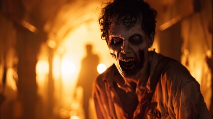Fototapeta premium A terrifying zombie with glowing eyes stares intensely at the viewer in a dimly lit, ominous setting