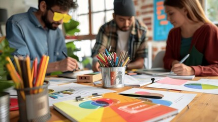 Fototapeta premium Branding strategy session with a team designing logos, brand guidelines, and marketing materials in a creative workspace with copy space