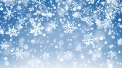 A beautiful winter scene with snowflakes falling against a blue sky.