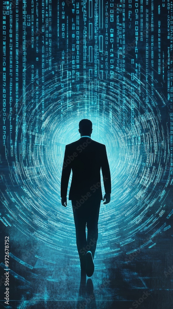 Aufkleber businessman silhouette walking into a vortex of digital light and data streams. concept for technolo