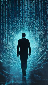 Businessman silhouette walking into a vortex of digital light and data streams. Concept for technology and transformation.