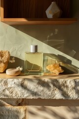 A clear perfume bottle sits elegantly on a textured stone shelf beside natural elements, illuminated by afternoon sunlight in a serene indoor setting