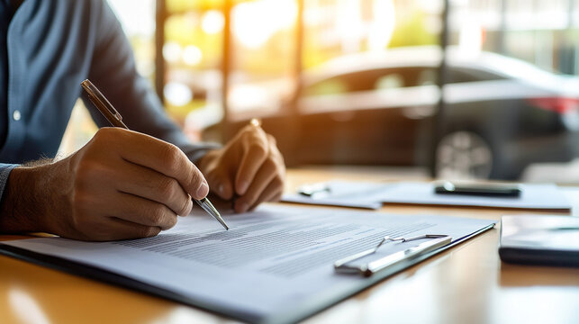 Driver signing an auto insurance policy with sleek car in the background, documents neatly spread on the desk, symbolizing vehicle protection, legal responsibility, and financial security.