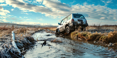 SUV Trapped in a Muddy Terrain