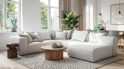 Fototapeta premium Living room interior featuring a stylish sofa, created with 3D rendering