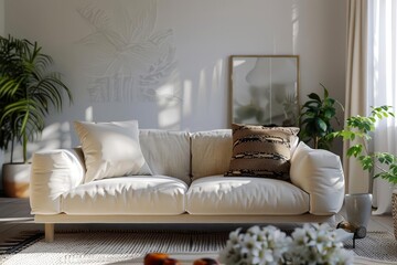 Comfortable white sofa with wooden legs in a modern living room.