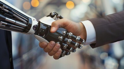 A human hand shakes hands with a robotic arm in a modern office environment, showcasing collaboration between technology and humans during a business meeting