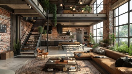 Spacious industrial loft living room with exposed brick, large windows, and modern furniture.