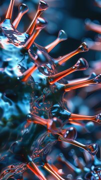Macro image of a herpes virus, highlighting the icosahedral capsid and surface spikes, ideal for viral morphology education