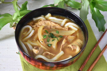 Curry udon is a delicious Japanese noodle soup. Very popular warming dish served especially in winter.