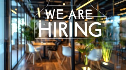 Company office interior featuring a bright and welcoming We Are Hiring sign, inviting potential employees to join the team in a modern workspace