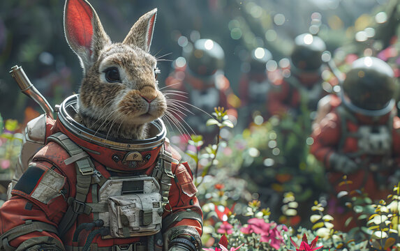 On an alien planet, rabbits in astronaut gear pound mochi with long hammers, alien flora and fauna surrounding them