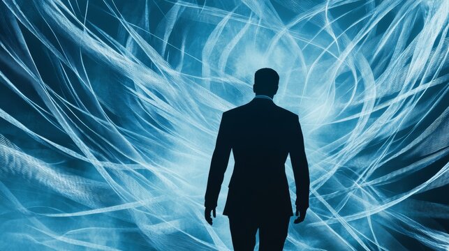 Silhouette of a businessman walking into a futuristic digital vortex of light and data lines. Represents technology and progress.