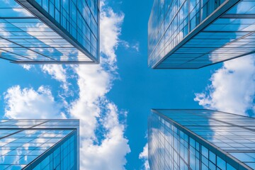 Modern office buildings rising into the blue sky with white clouds reflecting in their windows, low angle top down view