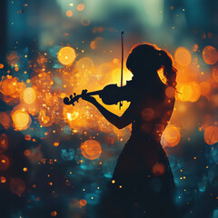Fototapeta premium Blurred silhouette of a violinist, set against a glowing background, evoking the profound emotional depth of music